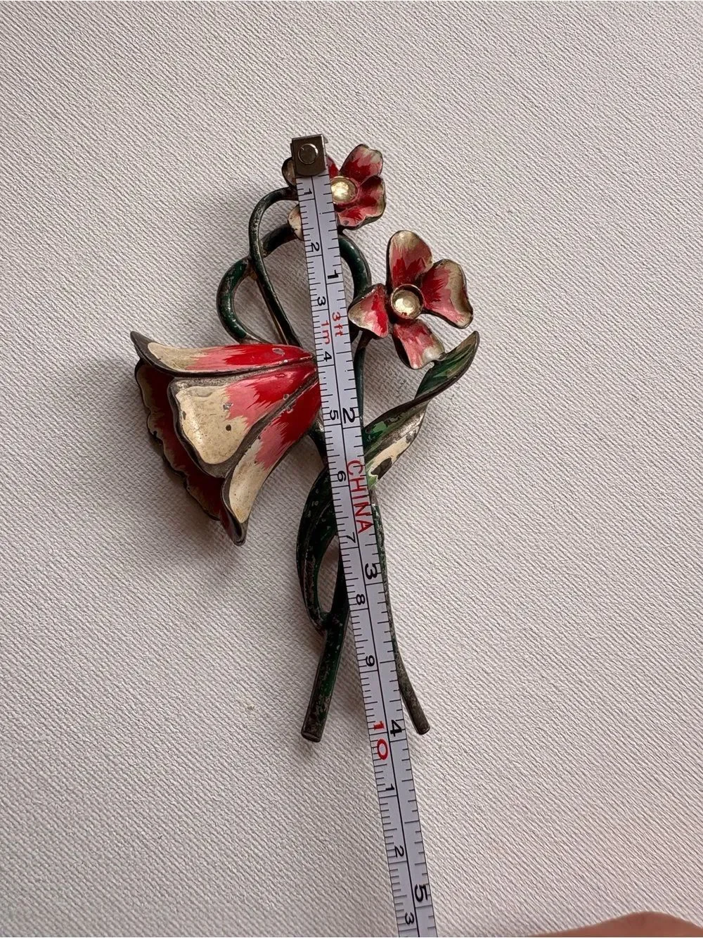 Vintage Floral Enamel Bouquet Brooch Red Green Flower Pin Retro Statement Pin